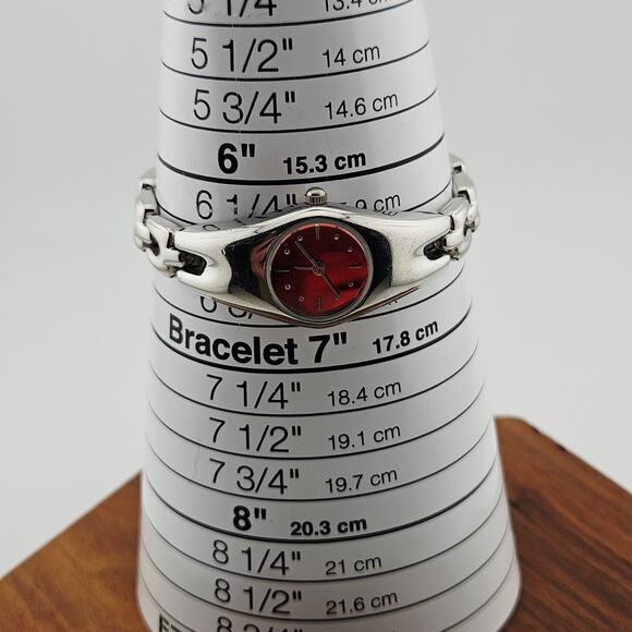 Silver Tone Quartz Bracelet Link Watch Red Dial Casual Elevated Y2K Everyday - Picture 7 of 7